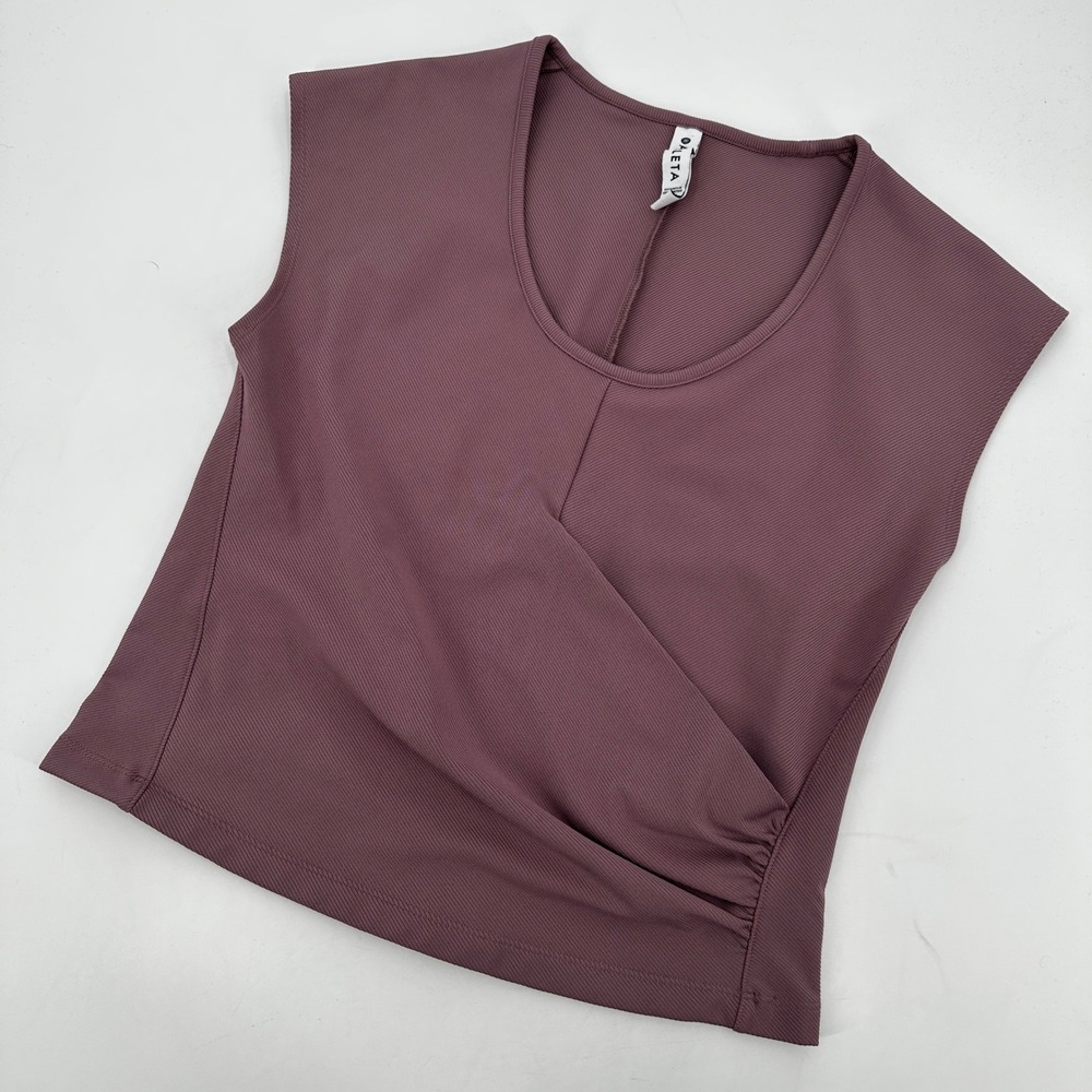 Athleta Dusty Plum Ribbed Faux Wrap Ruched Muscle Crop Tank Top Medium Yoga Gym